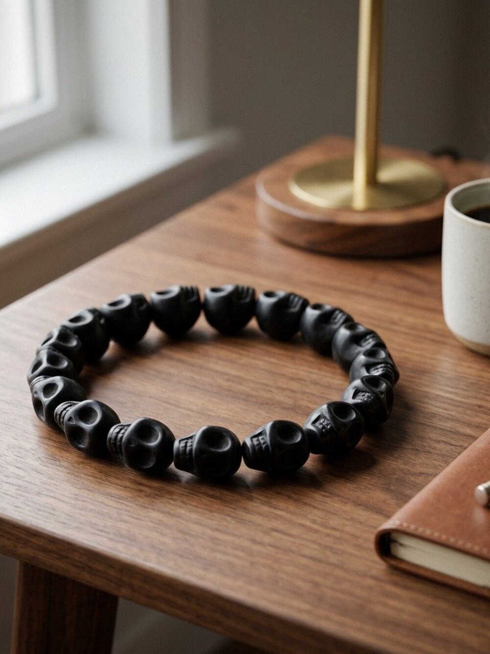 Mens Black Skull Bead Bracelet Howlite Stone Stretch Skeleton Mala Gothic Punk